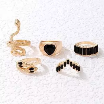 5 шт./компл. женские разные кольца с искусственными изумрудами, декор в форме змеи в форме сердца, роскошное винтажное индивидуальное украшение для рук, набор на женский палец чёрный