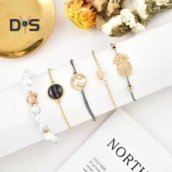 5 шт./компл. женский браслет, набор различных подвесок, цепочка с ананасом, черепахой, сердцем, бусины, Rxquisite, ювелирные изделия на запястье, браслет в стиле бохо, женский подарок золотистый