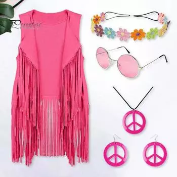 5 шт./компл. женский жилет с повязкой на голову, солнцезащитные очки, ожерелье и серьги с кисточками, кардиган, жилет в стиле ретро 60-х, 70-х годов, танцевальная вечеринка, дискотека, костюм на Хэллоуин M чёрный