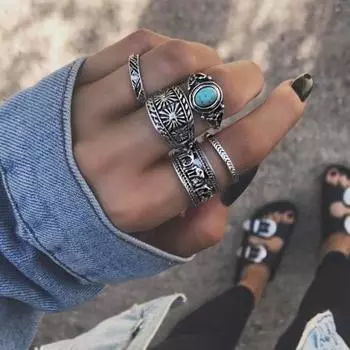 5 шт./компл. женское кольцо со слоном и бирюзой на костяшке пальца, резные винтажные штабелируемые кольца 5pcs