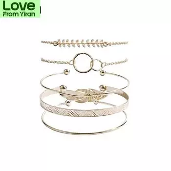 5 шт. /Комплект богемный золотой цвет лунный лист кристалл опал браслет набор для женщин панк бохо пляжный браслет ювелирные изделия подарок