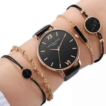 5 шт. комплект стильные модные женские кожаные ремешки аналоговые кварцевые наручные часы женские часы платье Reloj черные часы красный