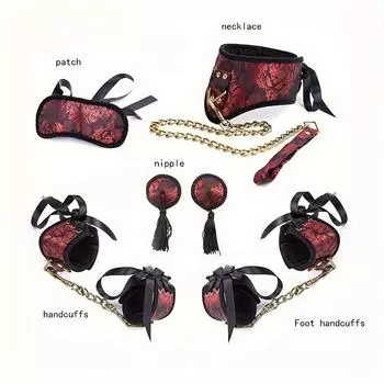 5 шт. комплект, высокое качество, БДСМ, эротический бондаж, пучок, воротник, наручники, наручники, маска для глаз, паста для груди, металлическая железная цепь, тяговая веревка, секс-игрушка для взрослых