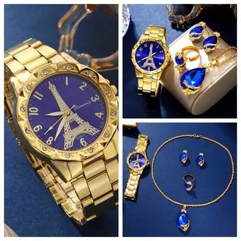 5 шт./комплект, женские наручные часы, золотые круглые кварцевые часы со стразами, ремешок из сплава, корпус из сплава с указателем, идеальный подарок для женщин. золотистый