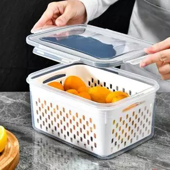 5 шт. контейнеров для хранения фруктов и овощей с корзиной для слива, без бисфенола А, можно мыть в посудомоечной машине, холодильник A