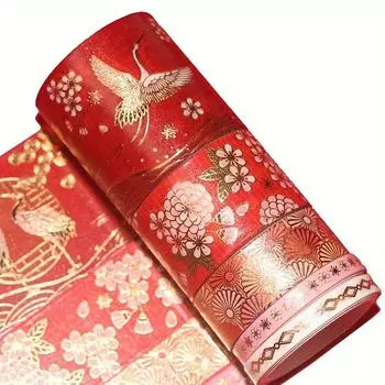 5 шт. Красная праздничная лента васи для горячего тиснения, самодельные декоративные наклейки для книг, акриловая упаковочная лента, принадлежности для ведения дневника, открытки/подарочная упаковка 5pcs