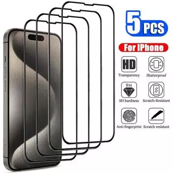 5 шт./лот HD прозрачное закаленное стекло защитное защитное стекло для полного экрана для iphone 15/15 plus/15 pro/15 pro max/14 13 mini pro max For iphone 15 Plus чёрный