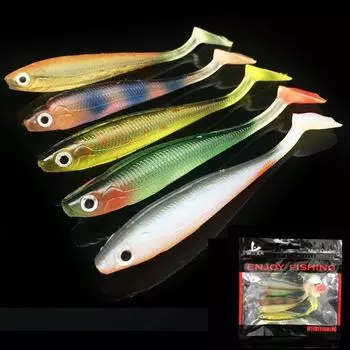 5 шт./лот, красочный воблер, мягкая приманка с Т-образным хвостом, 9 см, 5 г, задняя канавка, приманка для плавания, радуга, мягкие рыболовные приманки
