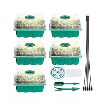 5 шт. лотков для рассады, лоток для рассады, 12 ячеек на лоток с приподнятыми крышками, лотки для проращивания растений в помещении зелёный