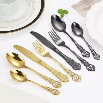 5 шт., ложка, вилка, резак из нержавеющей стали, винтажный королевский стиль барокко, зеркальная полировка, пищевая безопасная посудомоечная машина, столовые приборы, набор столовых приборов для кухни золотистый