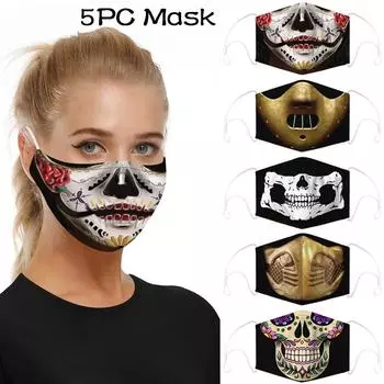 5 шт., маска для защиты рта с принтом Хэллоуина, моющаяся маска с ушной петлей
