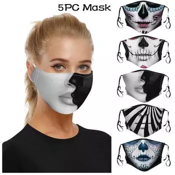 5 шт., маска для защиты рта с принтом Хэллоуина, моющаяся маска с ушной петлей