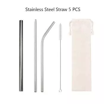 5 шт. металлические многоразовые соломинки из нержавеющей стали 304, прямые изогнутые соломинки для питья с чехлом, набор щеток для чистки, аксессуары для вечерние бара 5pcs серебряный