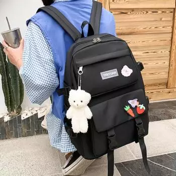 5 шт. милый значок женский рюкзак Harajuku мода студентка школьная сумка для девочек большая емкость легкий 1PCS чёрный