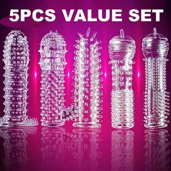 5 шт. многоразовые презервативы, мужские удлинители пениса, рукава для блокировки спермы, кольцо на член, чехол для фаллоимитатора, секс-игрушки для взрослых для мужчин, задержка эякуляции