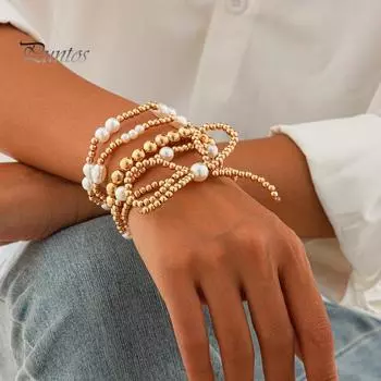 5 шт. многослойный браслет искусственный жемчуг бант декор контрастный цвет гладкий регулируемый размер легкий браслет набор для вечеринок повседневных выходов золотистый