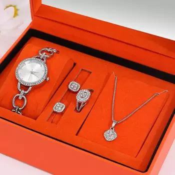 5 шт. модные роскошные серебряные геометрические цепочки ажурные часы кварцевые наручные часы женские квадратные подвески ожерелье серьги комплект для девочек серебро белый