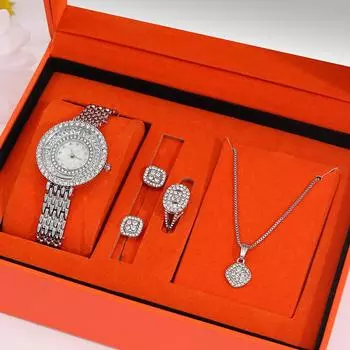 5 шт. модные роскошные серебряные кварцевые часы со стразами, женские квадратные подвески, ожерелье и серьги для девочек серебро белый