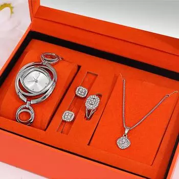 5 шт. модные роскошные серебряные кварцевые часы со стразами, женские квадратные подвески, ожерелье и серьги для девочек серебро белый