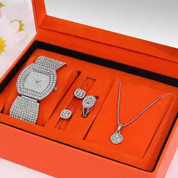 5 шт. модные роскошные женские бриллиантовые серебряные кварцевые часы для девочек квадратное ожерелье с подвеской бриллиантовые серьги кольцо комплект ювелирных изделий для девочек серебро белый