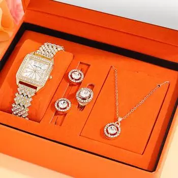 5 шт. модные женские часы-браслет с ожерельем, набор женских деловых часов с календарем из нержавеющей стали, кварцевые часы, повседневные наручные часы