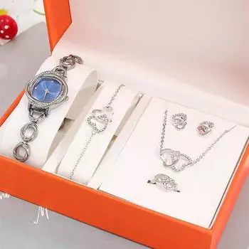 5 шт. модный персонализированный бриллиантовый циферблат браслет кварцевые часы девушки кулон ожерелье браслет кольцо комплект ювелирных изделий