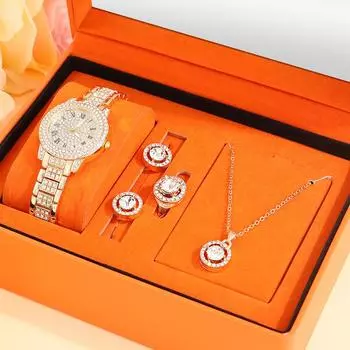 5 шт. модный персонализированный бриллиантовый циферблат браслет кварцевые часы девушки кулон ожерелье браслет кольцо комплект ювелирных изделий