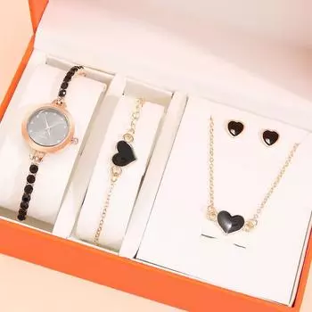 5 шт. модный роскошный женский бриллиантовый браслет стиль ремешок для часов кварцевые наручные часы в форме сердца женский кулон ожерелье браслет серьги гвоздики комплект ювелирных изделий
