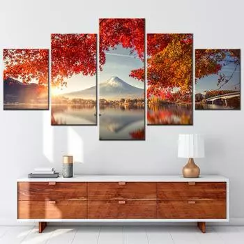 5 шт. Модульная картина на холсте с видом на озеро Фудзи, картина с цветами, современное настенное искусство, домашний декор, постер, печать, украшение для комнаты в кавайном стиле, без рамки 20x35cm*2 20x45cm*2 20x55cm*1 No Frame