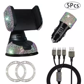 5 шт. Набор автомобильных аксессуаров Bling Crystal для женщин, автомобильный держатель для телефона, зарядное устройство, кабель для зарядки, 1 пара наклеек One-key Start Stop красный