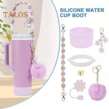 5 шт. набор аксессуаров для чашек, ручка для бутылки с водой, силиконовый соломенный чехол, помпон, брелок с цветком, крючок в виде сердца для стакана 30/40 унций фиолетовый