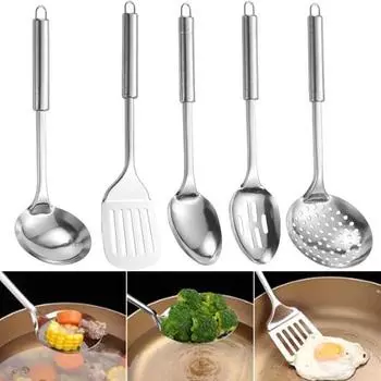 5 шт. набор кухонной утвари из нержавеющей стали, термостойкие ложки с антипригарным покрытием, лопаточка с отверстием для подвешивания, эргономичная ручка, инструменты для приготовления пищи серебряный
