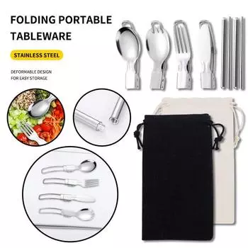 5 шт. Набор складных столовых приборов из нержавеющей стали 304, портативный многоразовый металлический нож, вилка, ложка, походная посуда для пикника на открытом воздухе чёрный
