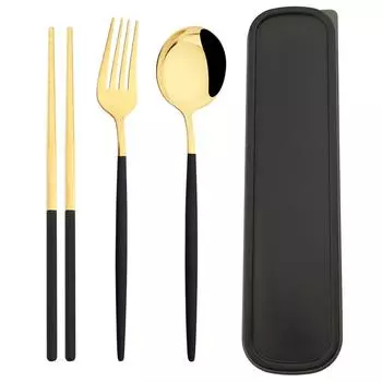 5 шт., набор столовой посуды из черного золота, портативные столовые приборы из нержавеющей стали, дорожные столовые приборы, вилка, ложка, палочки для еды, посуда с коробкой для хранения серебряный