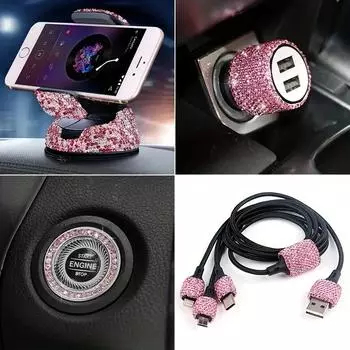 5 шт. набор женских автомобильных аксессуаров Bling Diamond автомобильный держатель для телефона зарядное устройство 3-в-1 кабель для зарядки 1 пара наклеек для запуска одной кнопкой красный