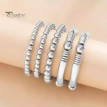 5 шт. набор женских многослойных браслетов блестящие разные размеры сплав бусины эластичный шнур водонепроницаемый полированная поверхность запястье ювелирные изделия для клубной вечеринки серебряный