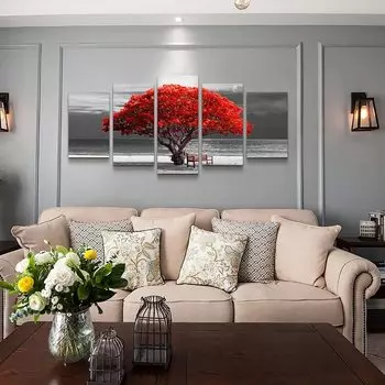5 шт., настенная живопись на холсте, черно-белое красное дерево, пейзажный постер, украшение для гостиной, современный домашний модульный рисунок 20X35 20X45 20X55cm