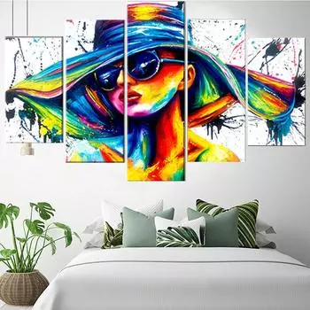 5 шт., настенная живопись на холсте, цветная абстрактная картина с персонажем, женщина в шляпе, современный дом, гостиная, спальня, модульные картины 20X35 20X45 20X55cm