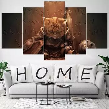 5 шт., настенная живопись на холсте, мультяшный постер с изображением самурая, кота, модульные картины, современное украшение для дома, гостиной, без рамки 20x35cm*2 20x45cm*2 20x55cm*1