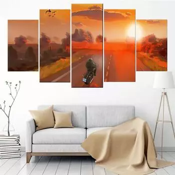 5 шт., настенная живопись на холсте, пейзажный постер, закат, мотоцикл, модульные украшения, фотографии для гостиной, современный дом, без рамки 20x35cm*2 20x45cm*2 20x55cm*1