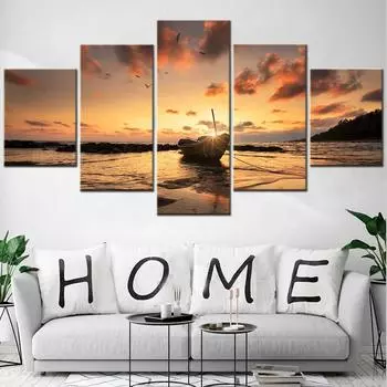 5 шт. настенная живопись на холсте закат пляж лодка картина морской пейзаж домашний декор постер печать эстетическая рамка для украшения комнаты Medium Size Unframed Canvas
