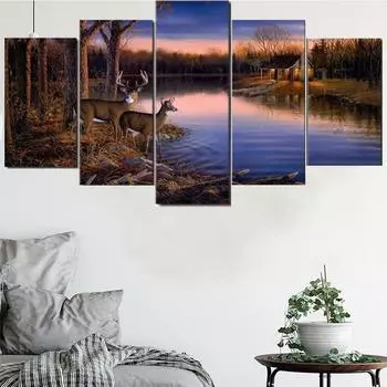 5 шт. настенная живопись на холсте животное пейзаж плакат олень питьевая вода современная гостиная спальня дома модульное украшение 20X35 20X45 20X55cm