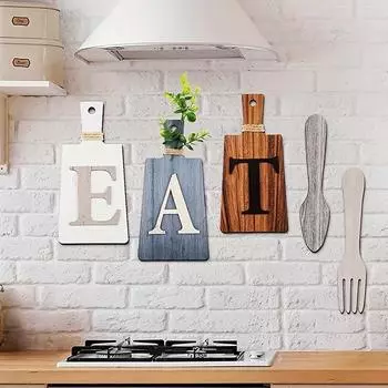 5 шт. настенных украшений для кухни в деревенском стиле, настенные украшения, подвесные деревянные буквы ручной работы, можно использовать в качестве декоративных вывесок для ресторанов и кафе 5pcs