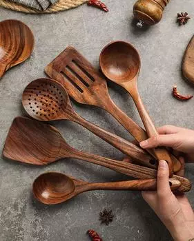 5 шт. Натуральная тиковая кухонная ложка-совок кухонная деревянная лопатка с антипригарным покрытием набор посуды для приготовления пищи с крючками для подвешивания кухонная утварь инструмент