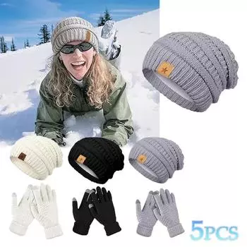 5 шт. Новые унисекс двухцветные зимние шапки с меховой подкладкой для мужчин и женщин, модная теплая шапка-бини, повседневный зимний вязаный комплект из шапки и перчаток