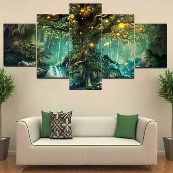 5 шт. Пейзаж Холст Картина Волшебные леса Дерево Фотографии Плакаты и принты Современная гостиная Домашний декор стен без рамки 20x35cm*2 20x45cm*2 20x55cm*1