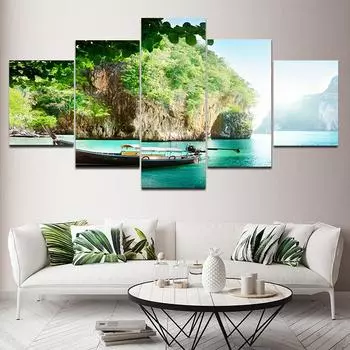 5 шт. пейзаж лодка гора дерево лист озеро холст живопись постеры с природой и принты настенные панно домашний декор без рамки 20x35cm*2 20x45cm*2 20x55cm*1