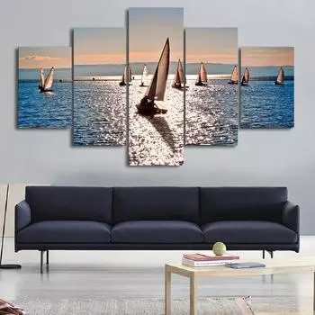 5 шт. Пейзаж Океан Море Пляж Облако Небо Лодка Корабль Холст Картина Морской пейзаж Плакаты и принты Настенный домашний декор без рамки 20x35cm*2 20x45cm*2 20x55cm*1