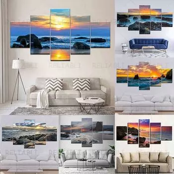 5 шт. пейзаж синее море закат риф рок холст живопись морской пейзаж плакаты и принты настенные панно домашний декор без рамки 20x35cm*2 20x45cm*2 20x55cm*1