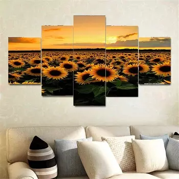 5 шт., пейзаж, золотой цветок, холст, картина, закат, подсолнечник, поле, постеры и принты для гостиной, домашний декор, без рамки 20x35cm*2 20x45cm*2 20x55cm*1